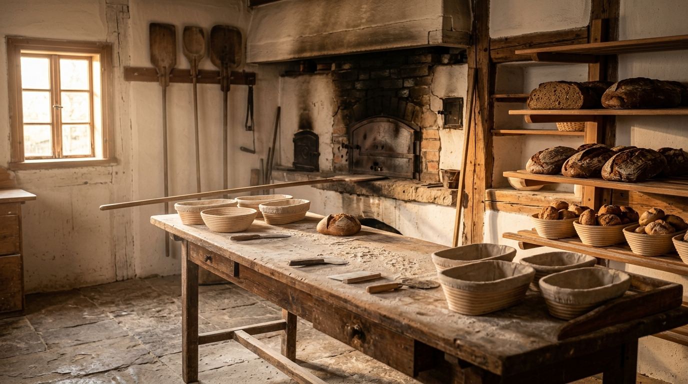 Alte Backstube mit Holzofen und Brotregal