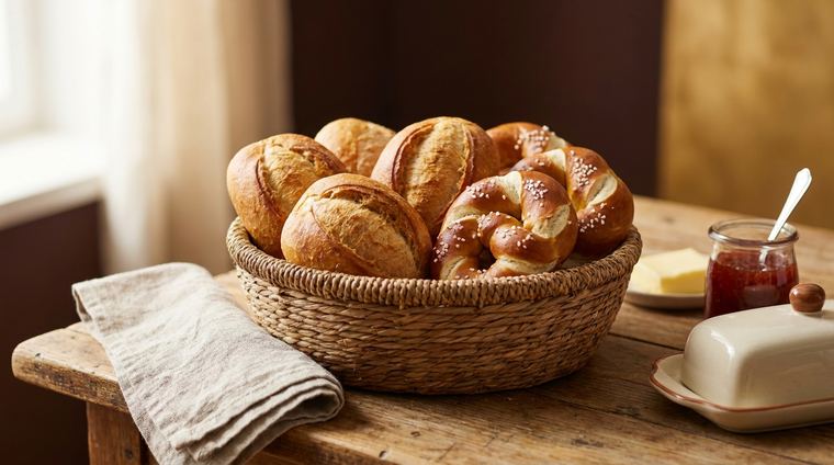 Korb mit Brötchen und Laugengebäck auf dem Frühstückstisch