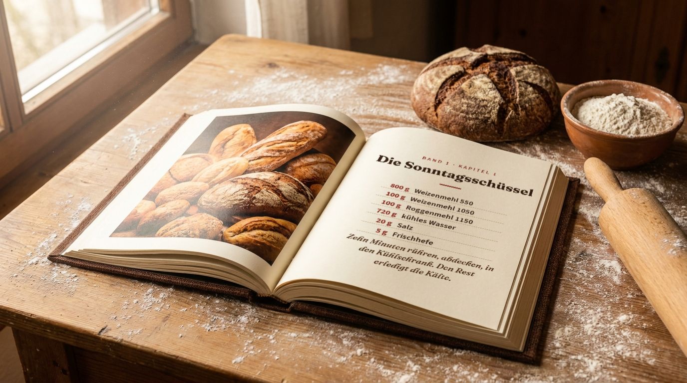 Aufgeschlagenes Backbuch mit der Seite „Die Sonntagsschüssel“