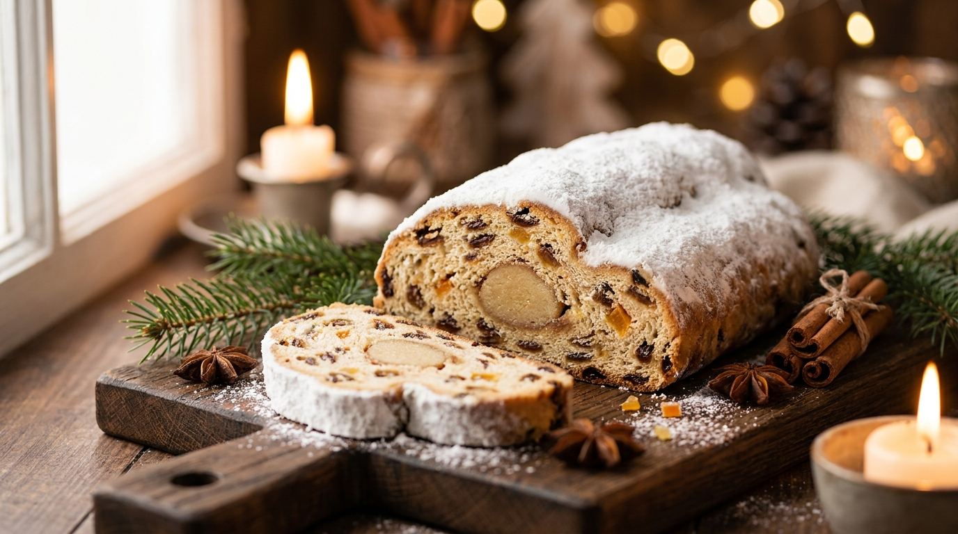 Christstollen mit Puderzucker, angeschnitten