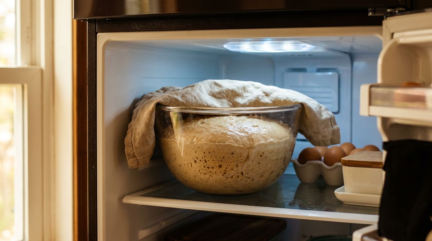 Schüssel mit aufgegangenem Teig im Kühlschrank