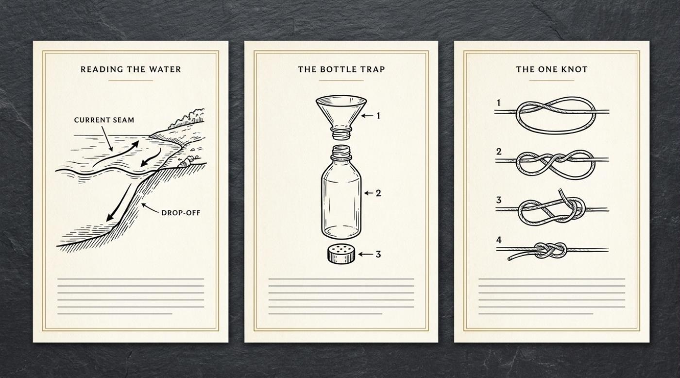 Three interior pages from The Sea Nomad's Way showing hand-drawn diagrams: reading the water, the bottle trap, and the one knot.