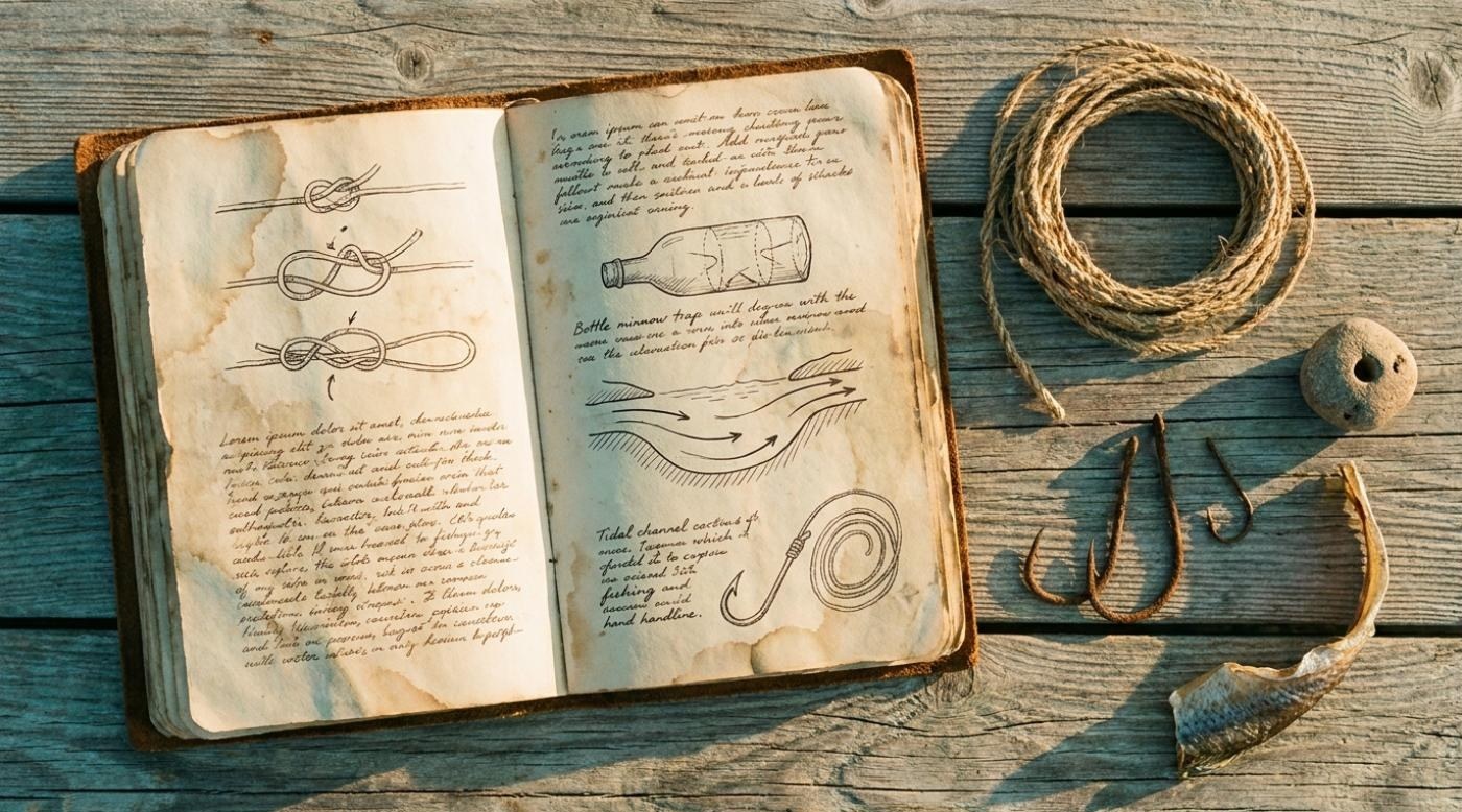 Mateo's handwritten notebook of Bajau fishing methods, with hand-drawn diagrams of knots, traps and tidal channels.